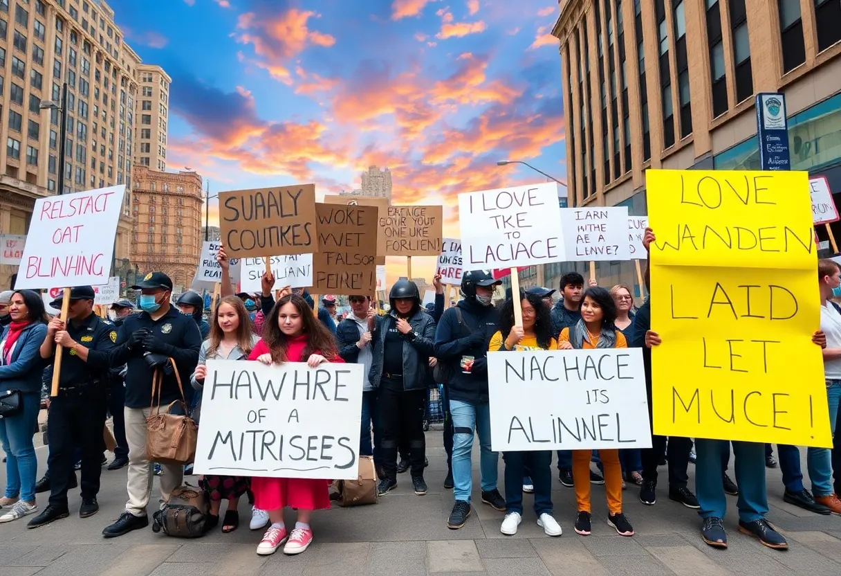 Diverse group of protesters holding signs in a city, advocating for social justice.