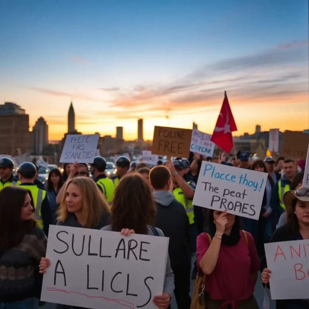 Participants in a peaceful protest with law enforcement present
