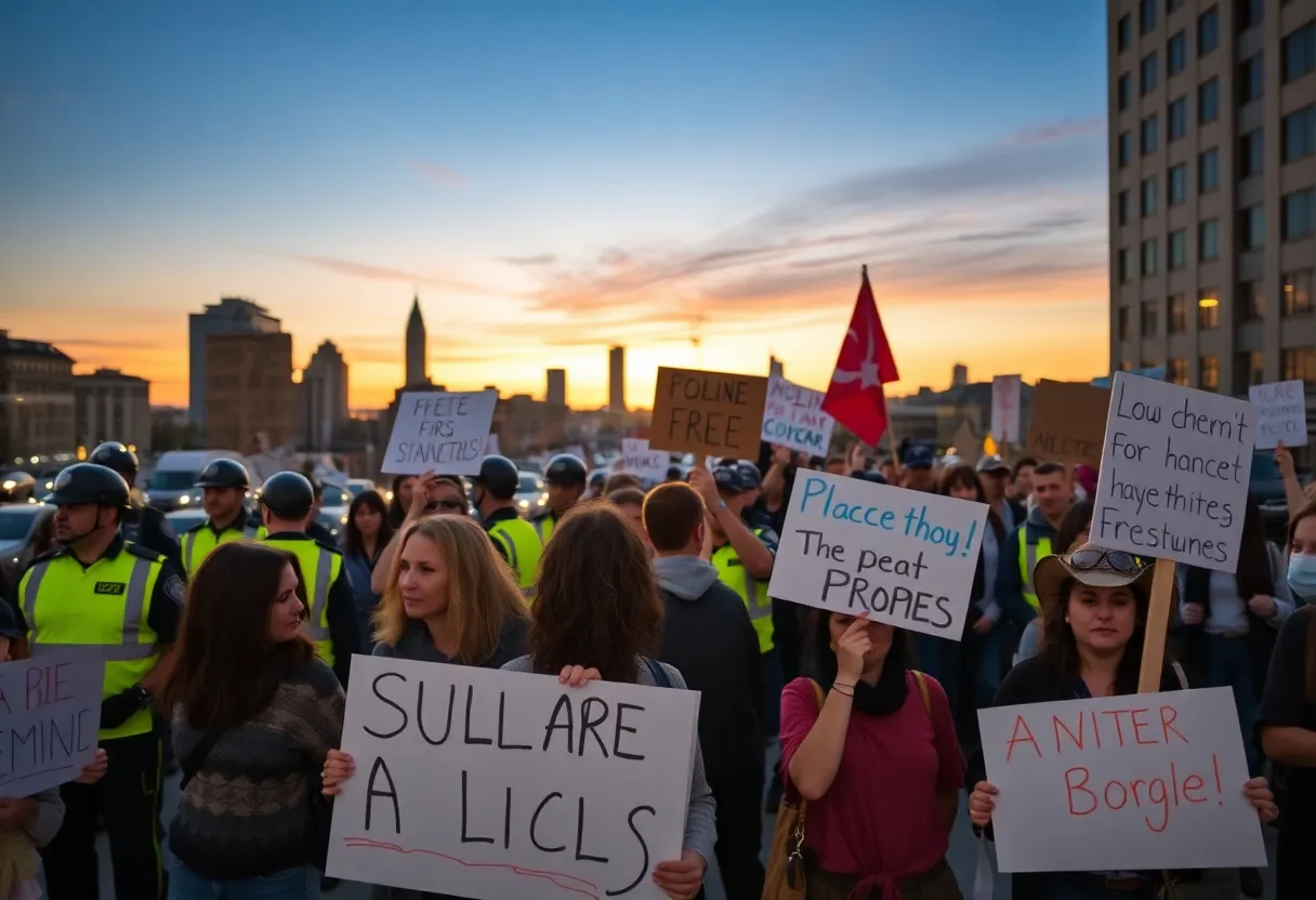 Participants in a peaceful protest with law enforcement present