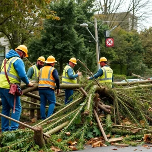Public Works crew clearing fallen tree branches after storm damage
