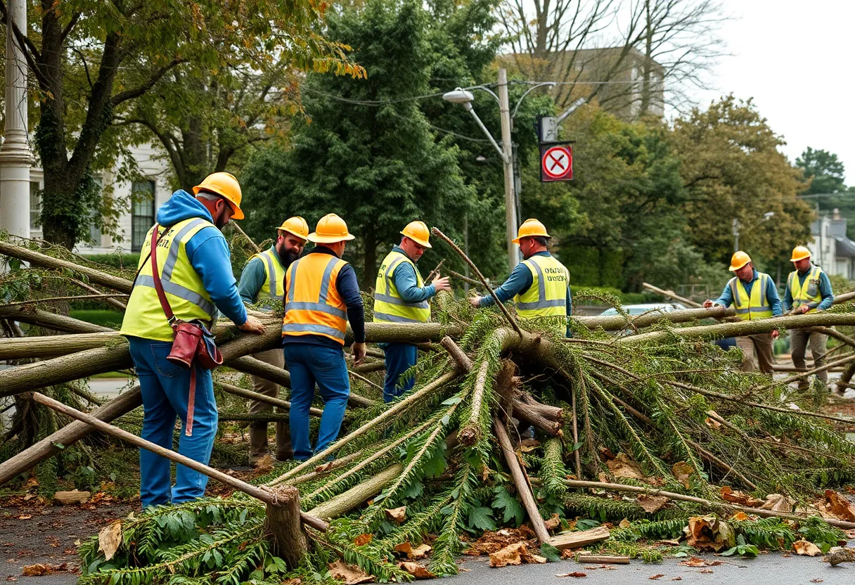 Public Works crew clearing fallen tree branches after storm damage