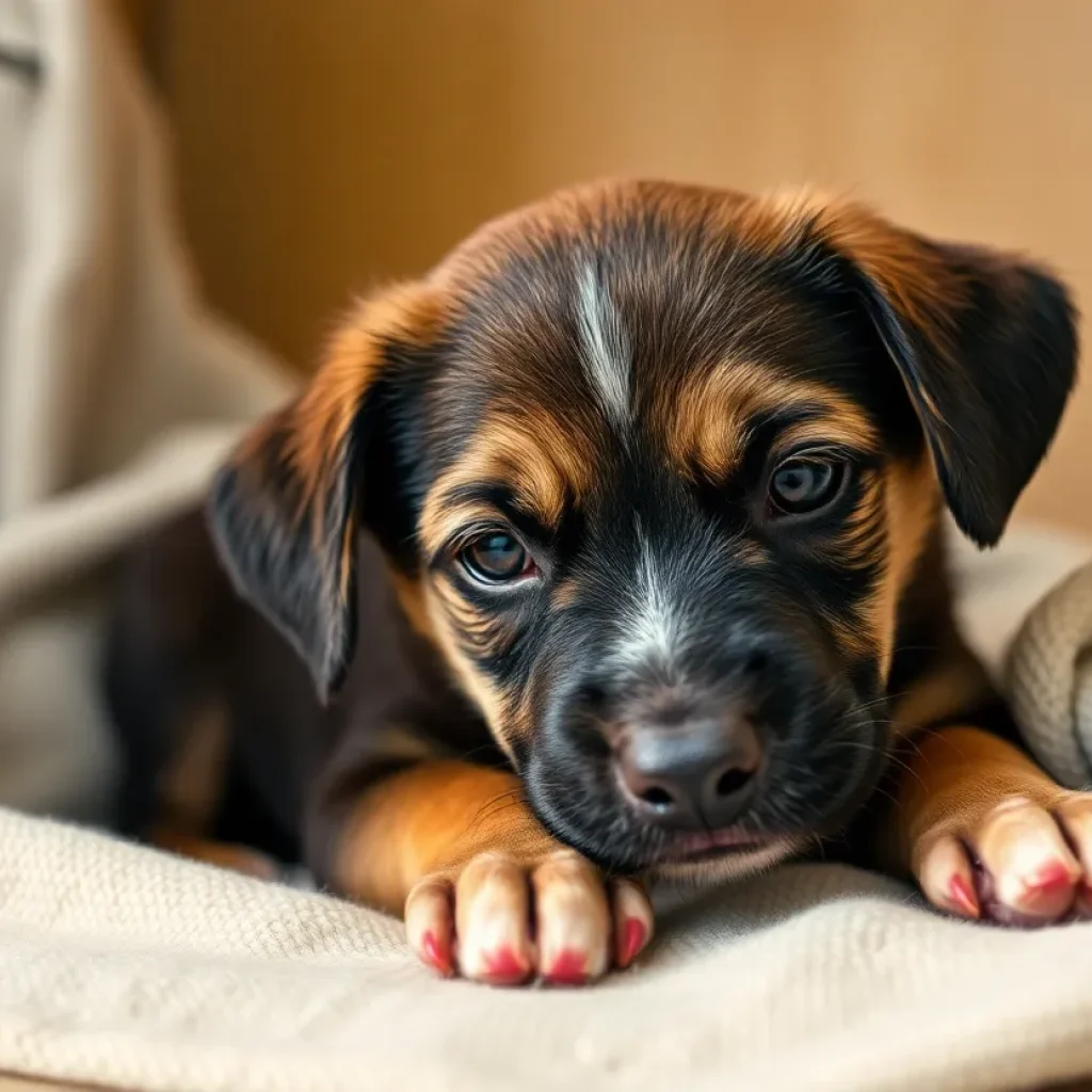 A puppy resting peacefully in a care facility after being rescued from abuse.