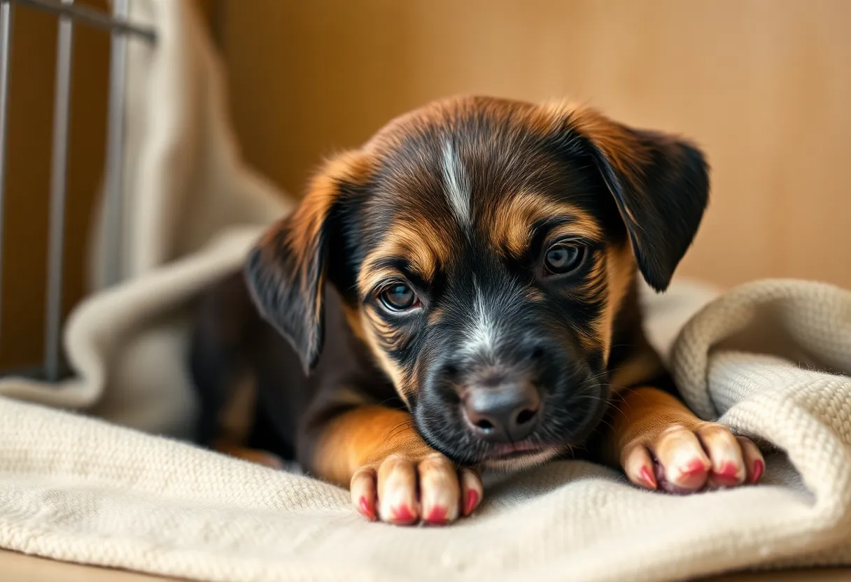 A puppy resting peacefully in a care facility after being rescued from abuse.