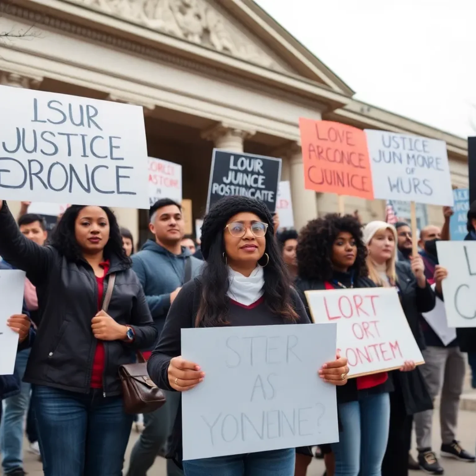 Group of supporters rallying for justice outside a courthouse.