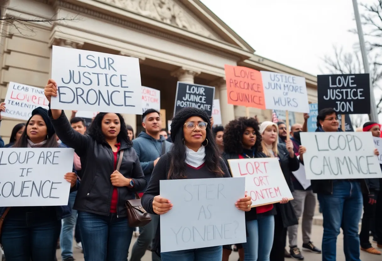 Group of supporters rallying for justice outside a courthouse.