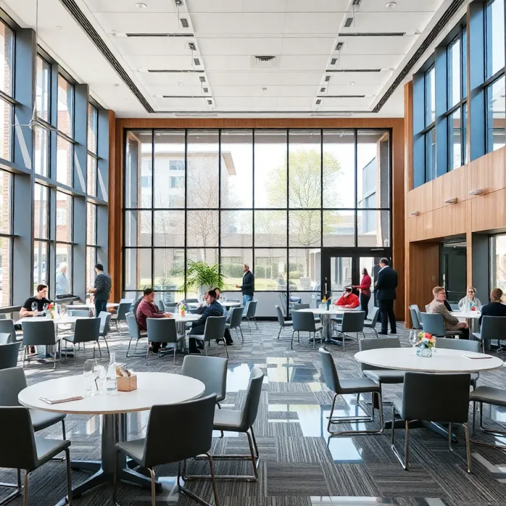 Modern university banquet room with new furnishings and lighting