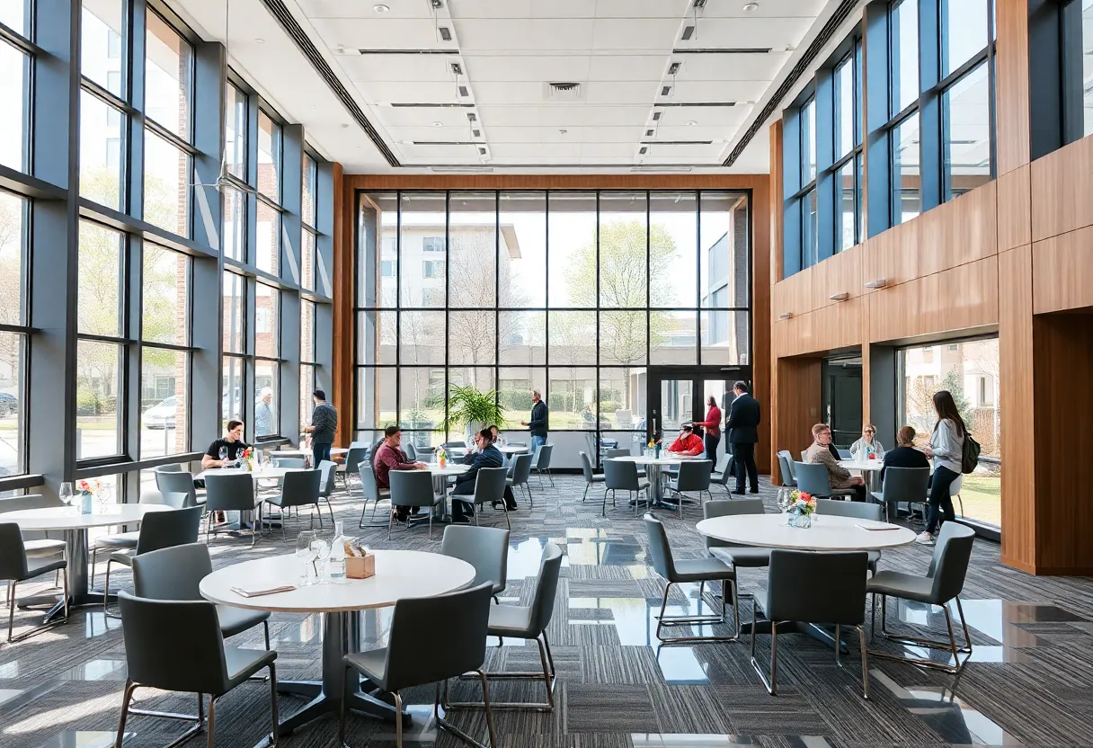 Modern university banquet room with new furnishings and lighting