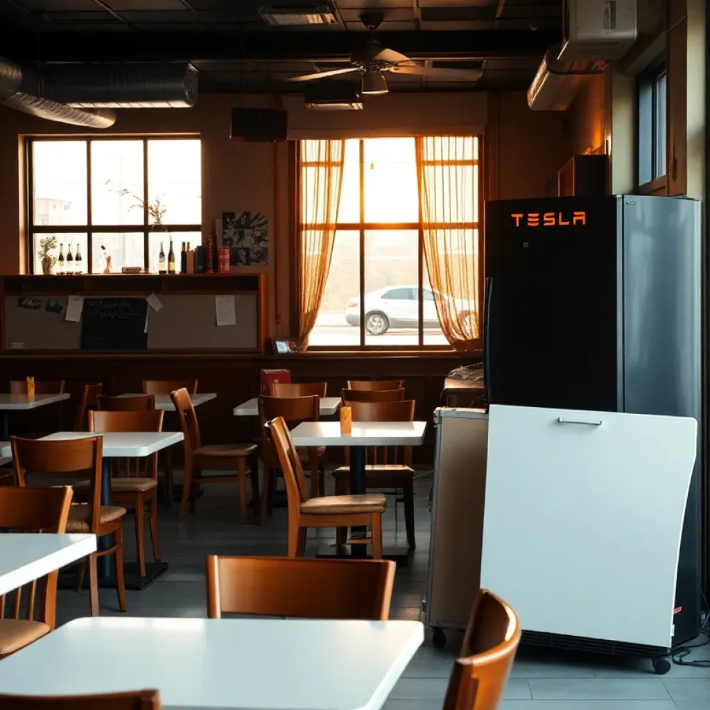 Interior of a restaurant after a break-in attempt with furniture scattered and a Tesla outside.