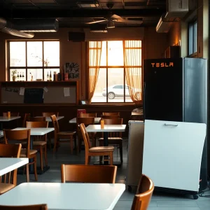 Interior of a restaurant after a break-in attempt with furniture scattered and a Tesla outside.