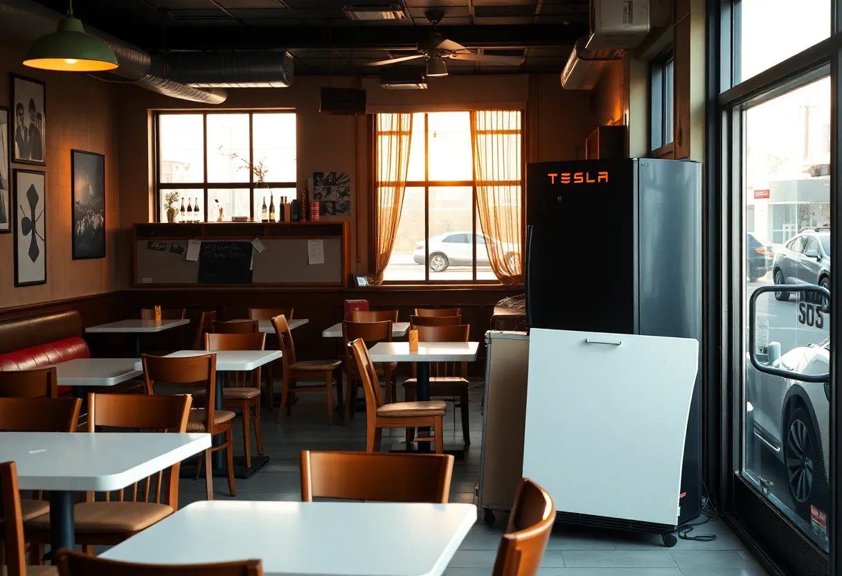 Interior of a restaurant after a break-in attempt with furniture scattered and a Tesla outside.