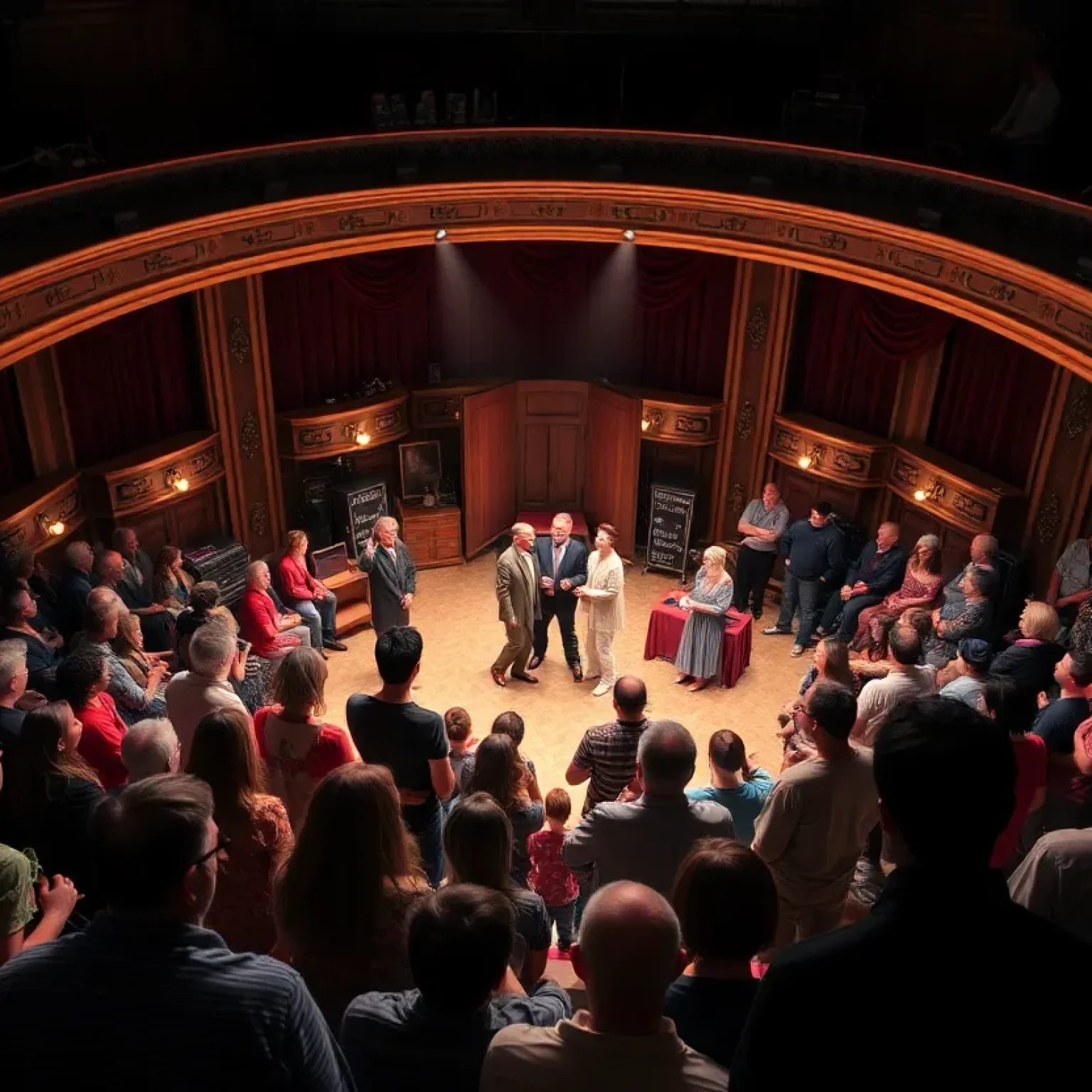 Actors performing OLIVER! in a round theater setting with audience surrounding them.