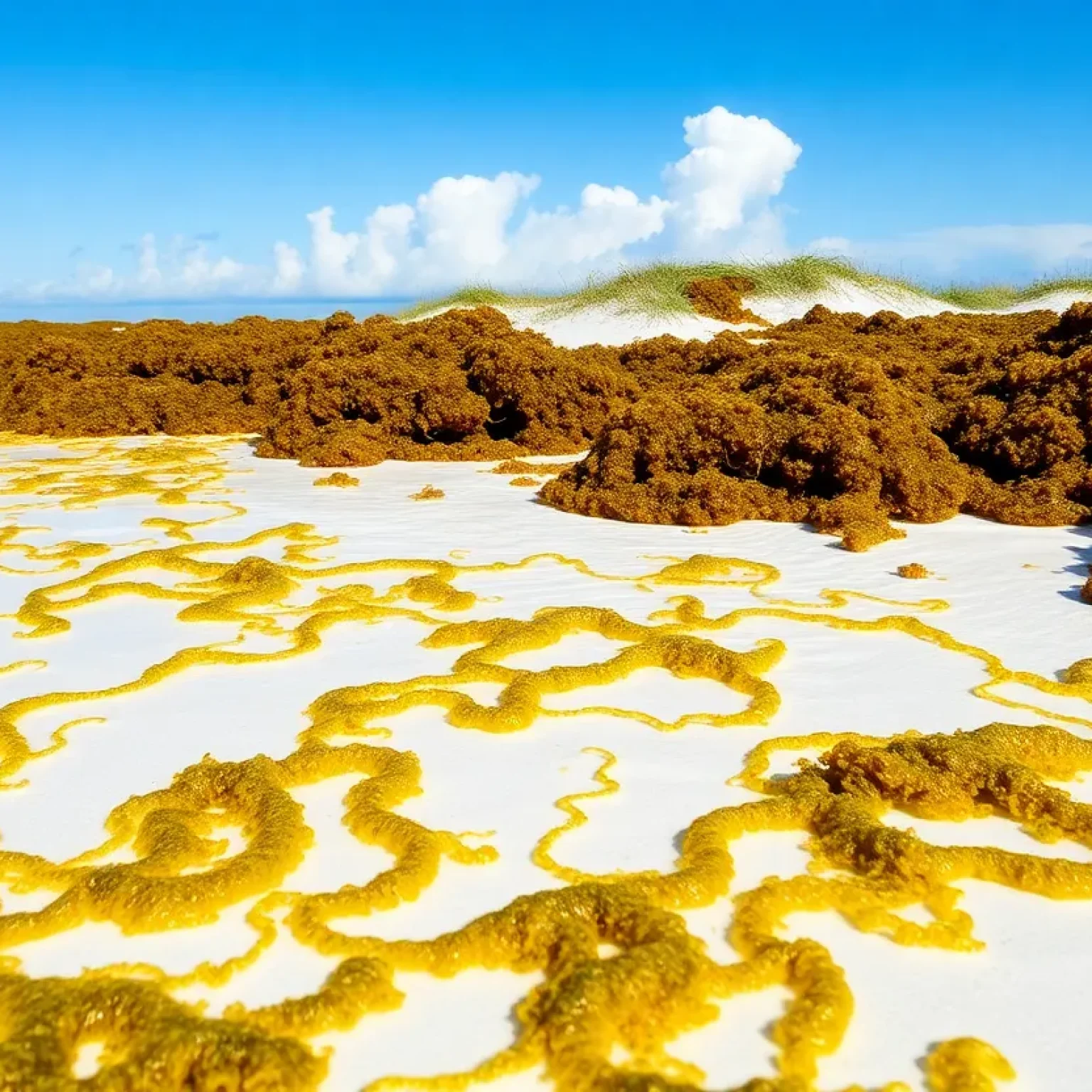 Beach covered with sargassum seaweed in Florida
