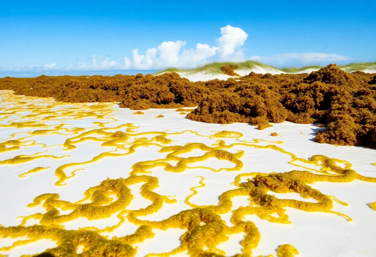 Beach covered with sargassum seaweed in Florida
