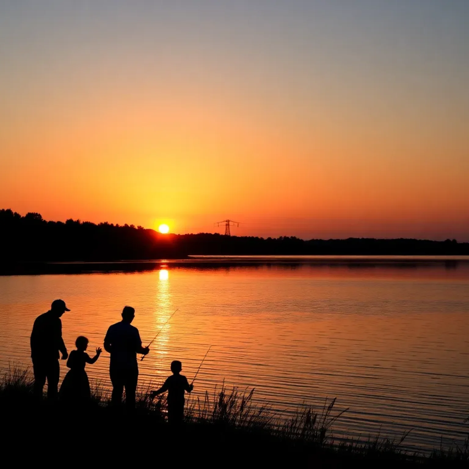 Sunset over a peaceful fishing lake surrounded by families.
