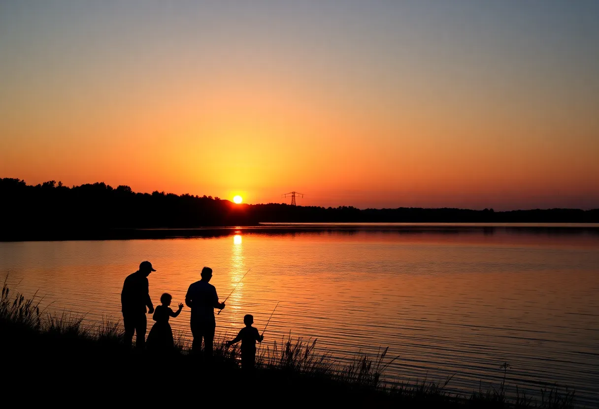 Sunset over a peaceful fishing lake surrounded by families.
