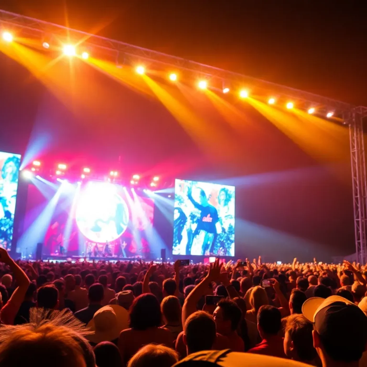 Concert audience with colorful stage lights