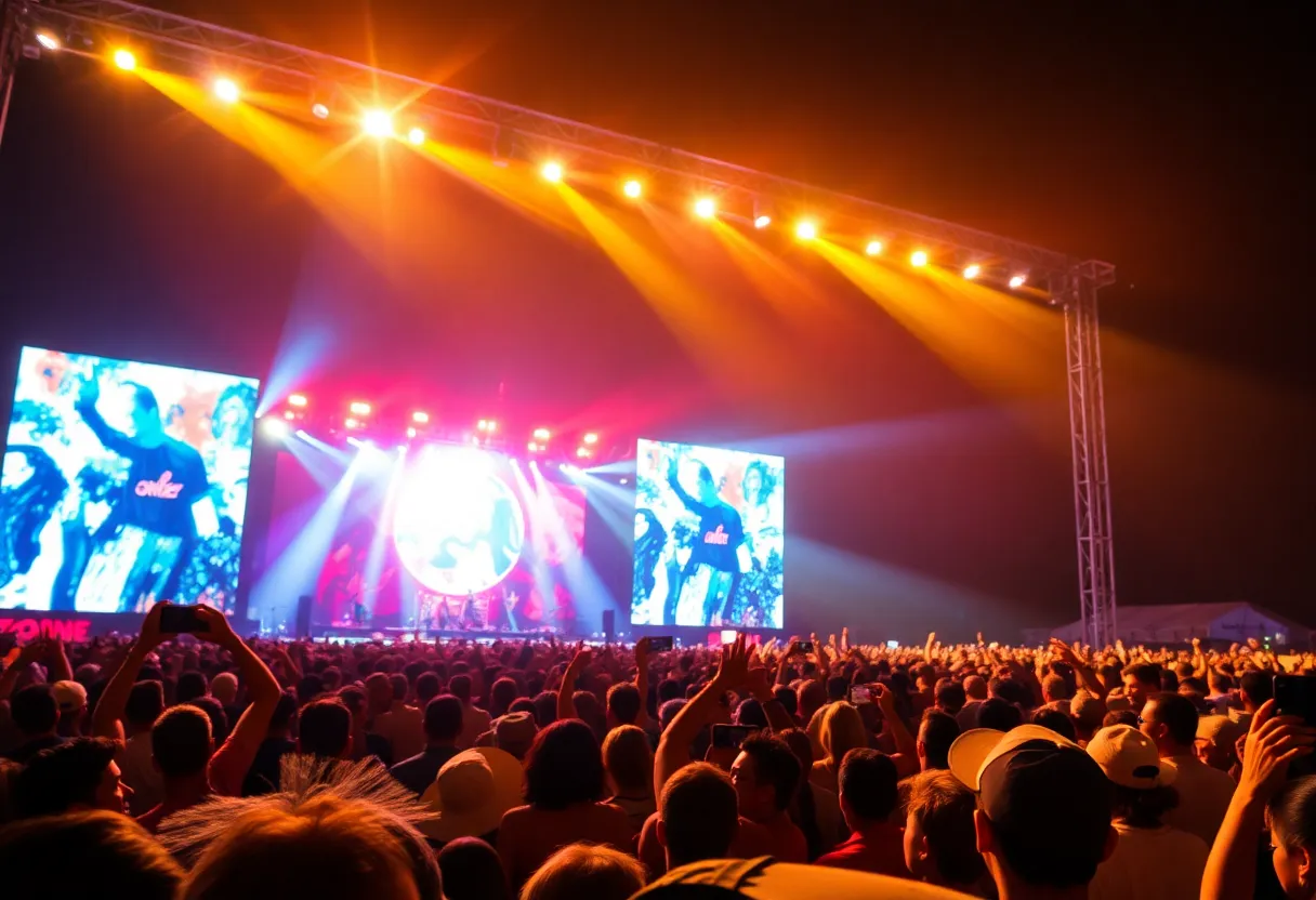 Concert audience with colorful stage lights