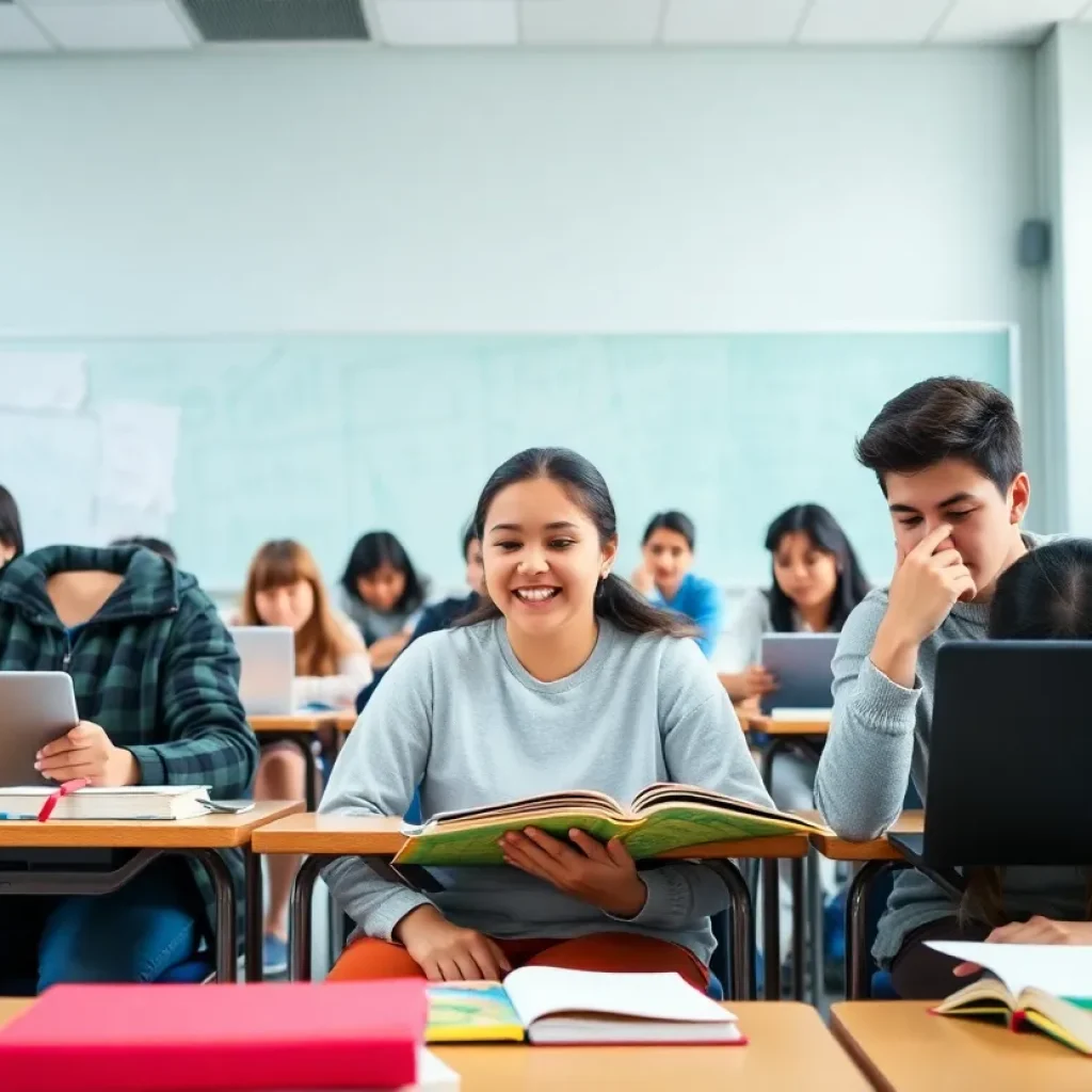 Diverse group of high school students studying in a classroom setting