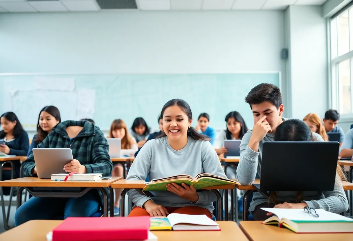 Diverse group of high school students studying in a classroom setting