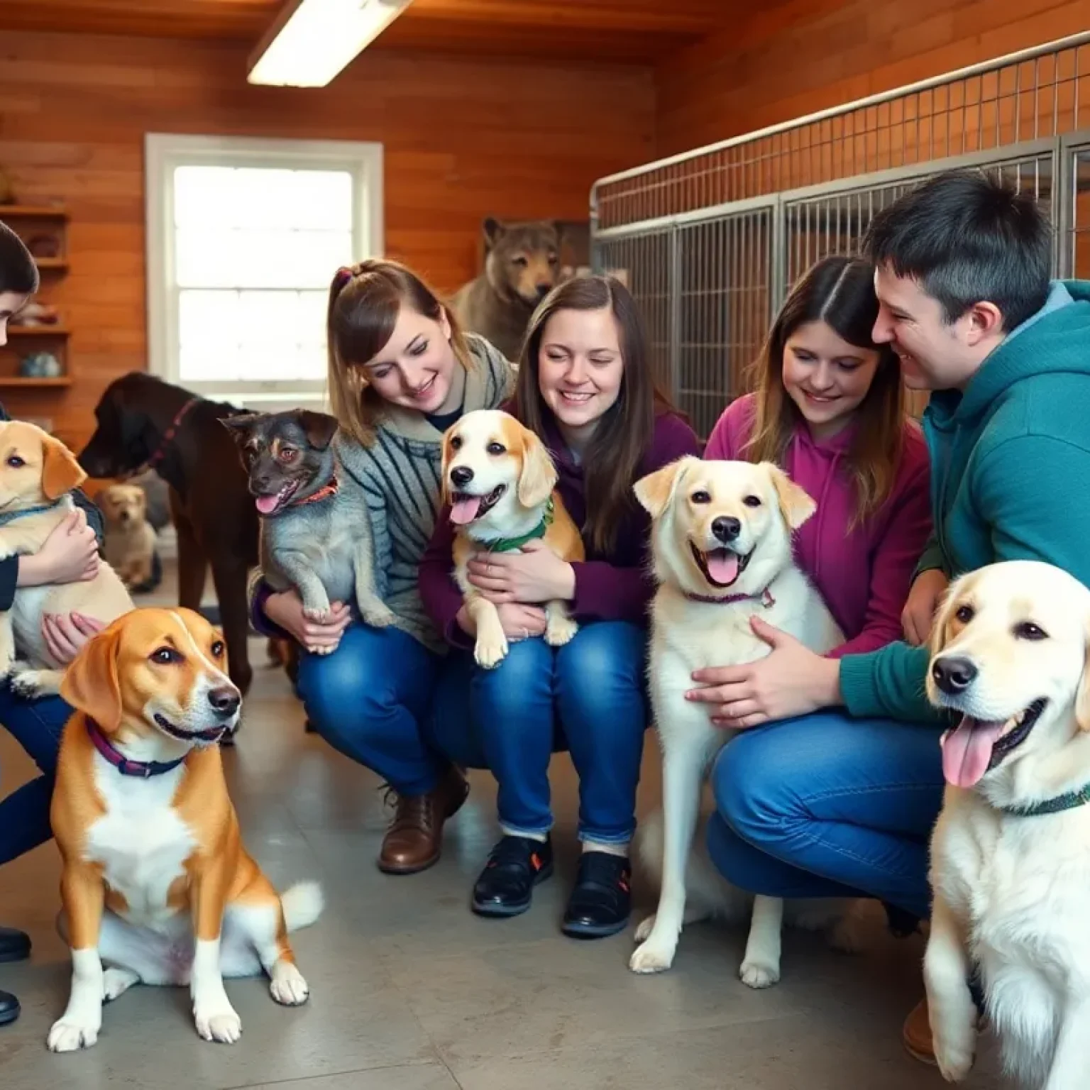 Families and pets interacting in a Jacksonville animal shelter during an adoption event.