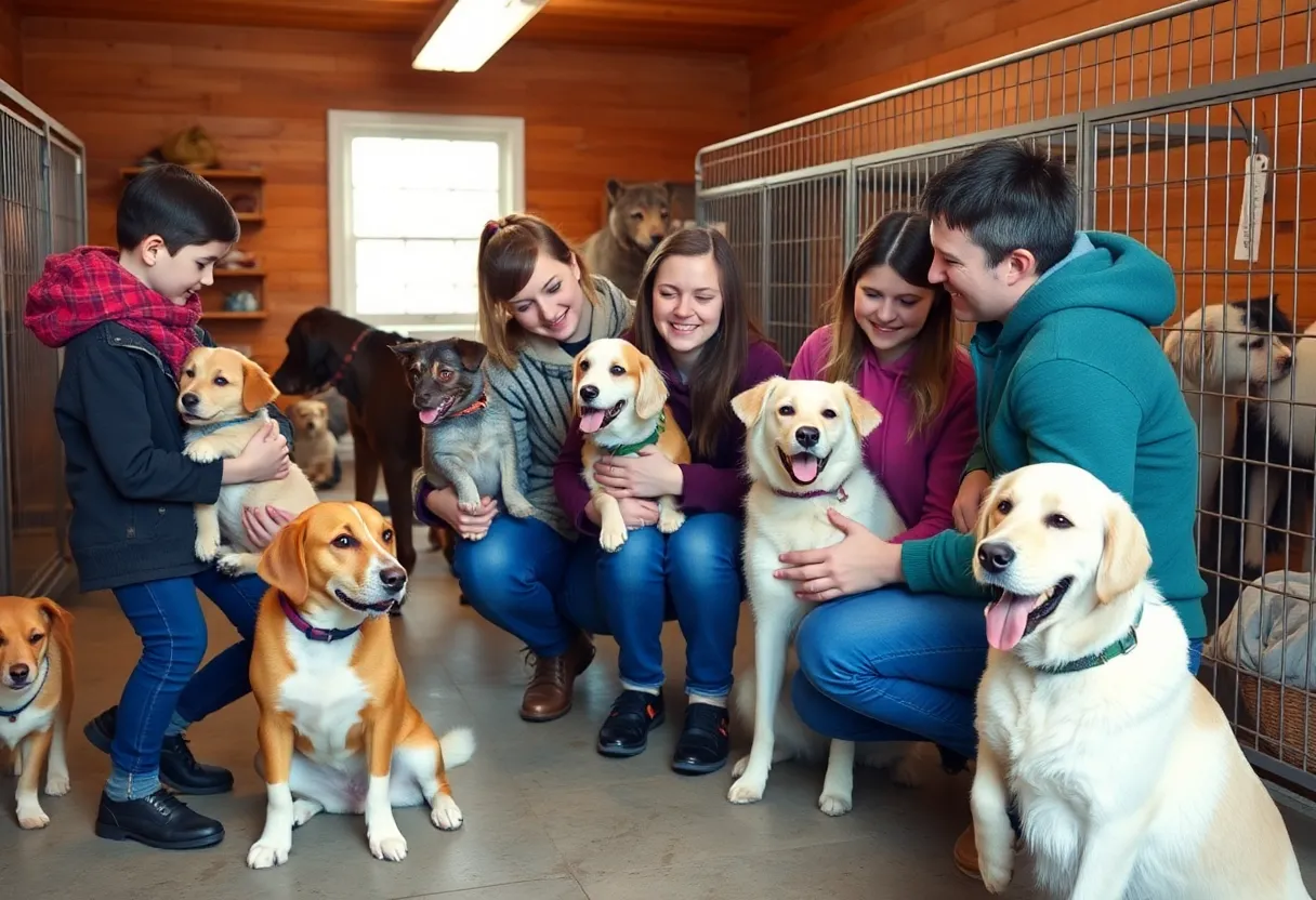 Families and pets interacting in a Jacksonville animal shelter during an adoption event.
