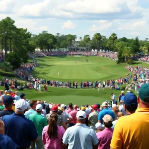 Golf tournament at TPC Sawgrass with fans and players