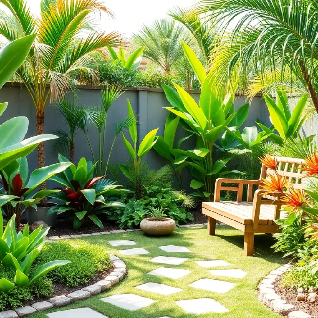 A peaceful tropical garden landscape designed with colorful plants.