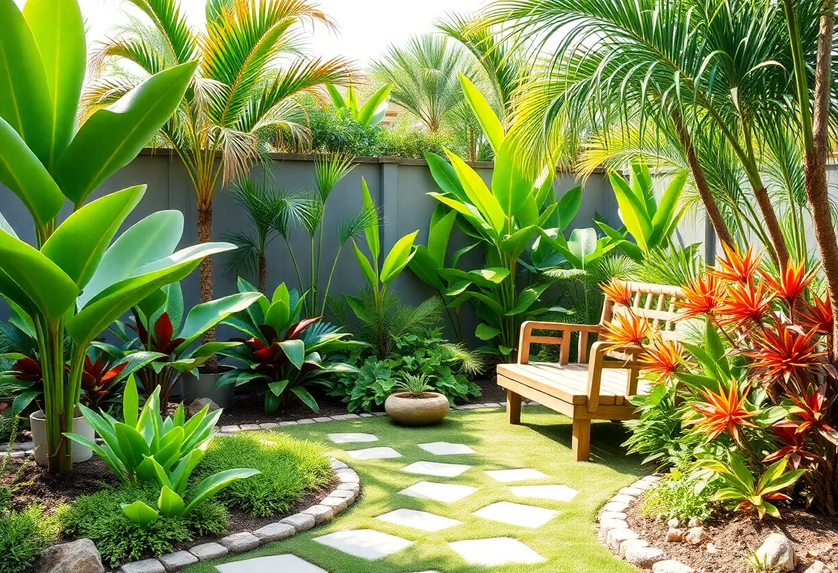 A peaceful tropical garden landscape designed with colorful plants.