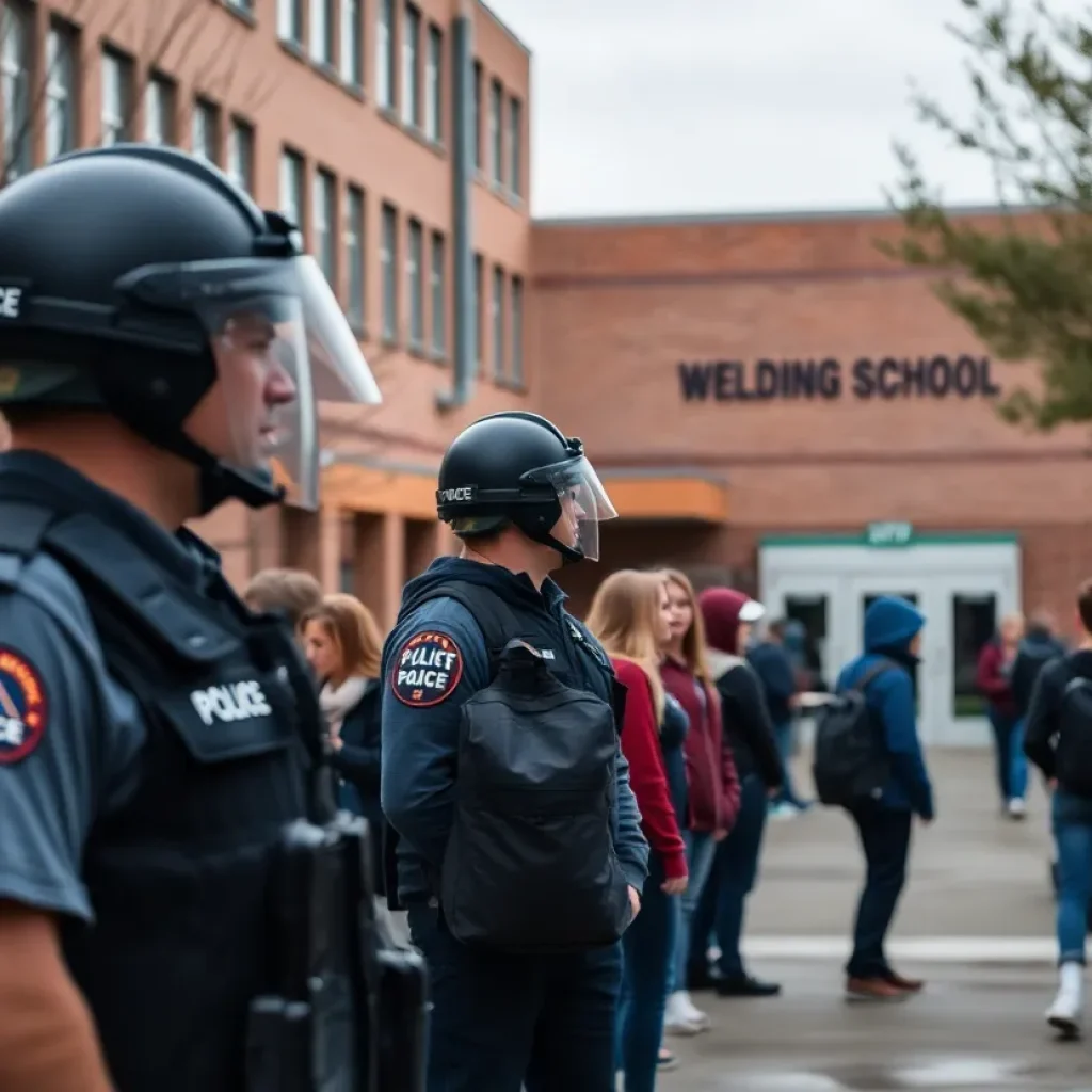 Police officers securing Tulsa Welding School campus
