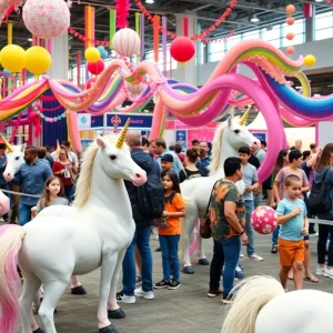 Families enjoying the Unicorn World event with animatronic unicorns