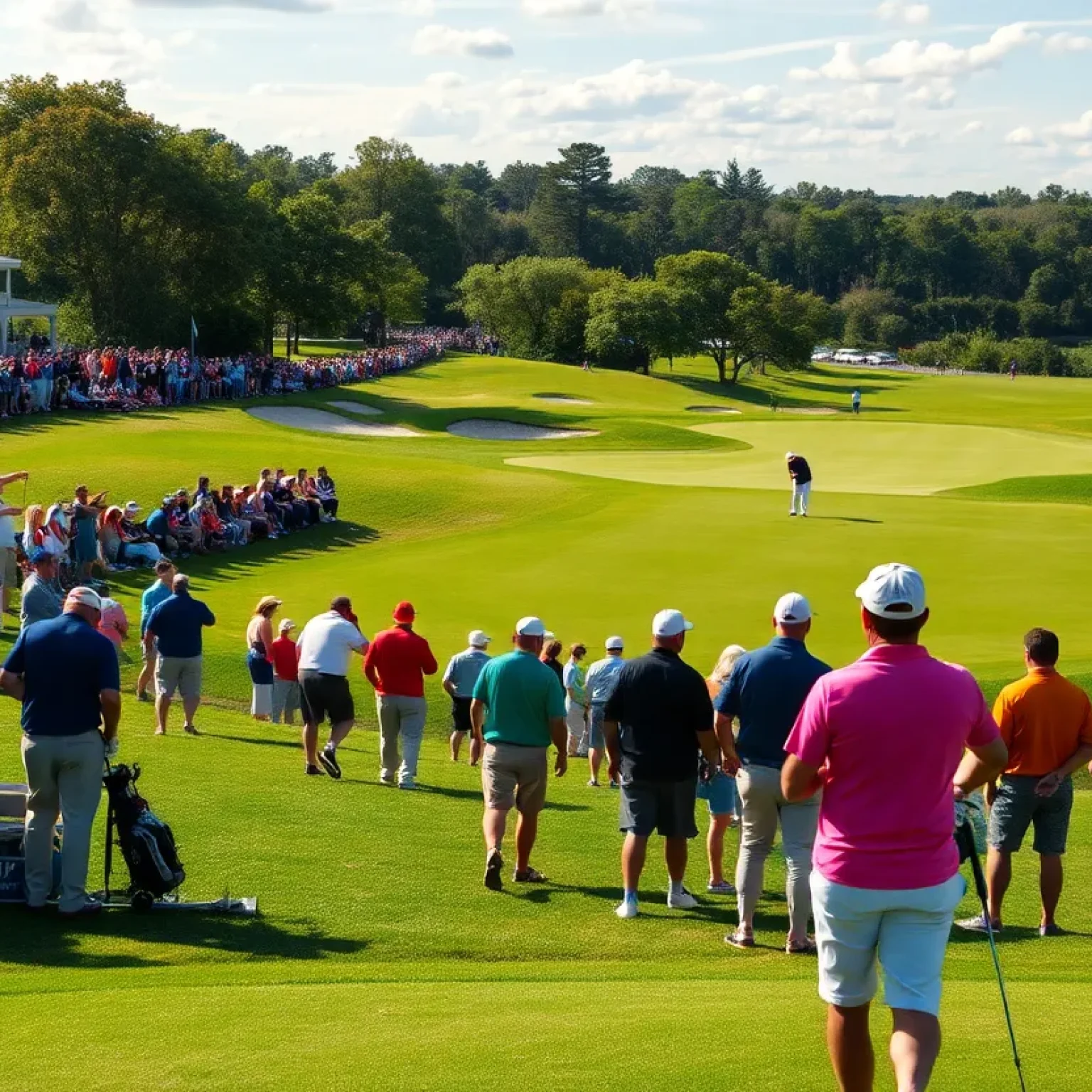 A scene from the U.S. Open golf tournament with players and spectators