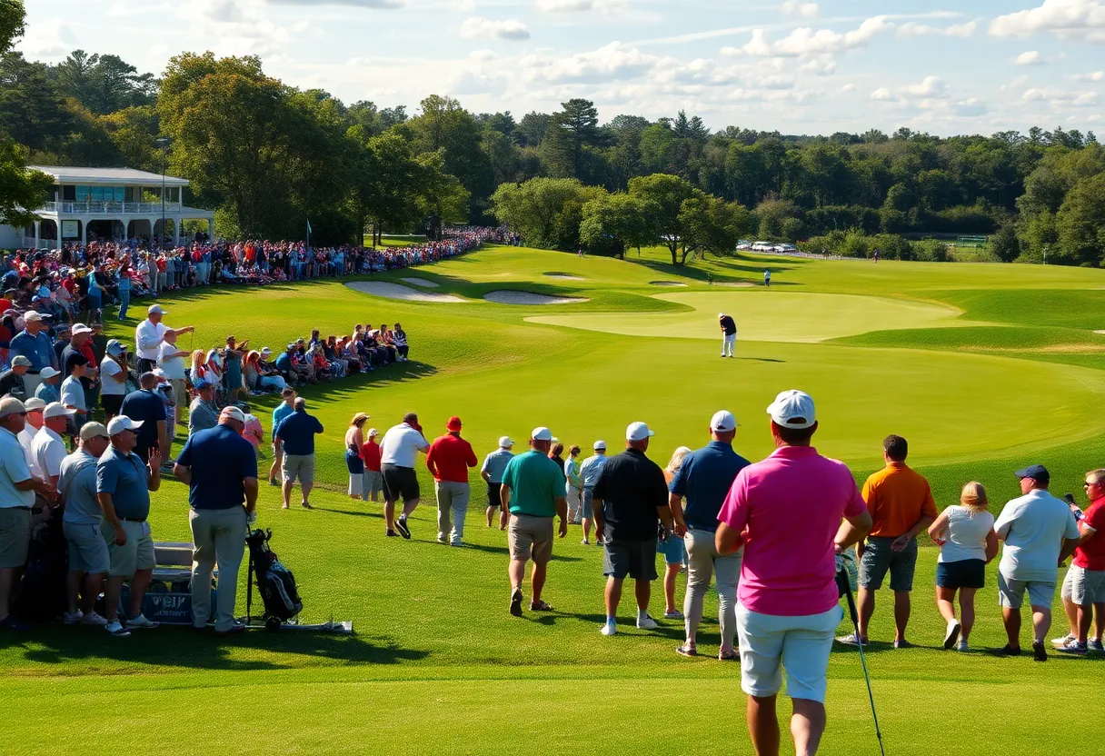A scene from the U.S. Open golf tournament with players and spectators