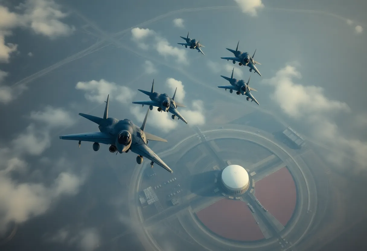 Military aircraft performing a strike over an Iranian nuclear facility