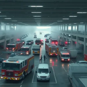 Emergency responders battling a vehicle fire in the parking garage of Jacksonville International Airport.