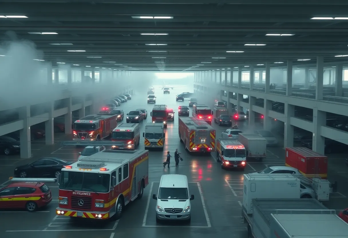 Emergency responders battling a vehicle fire in the parking garage of Jacksonville International Airport.