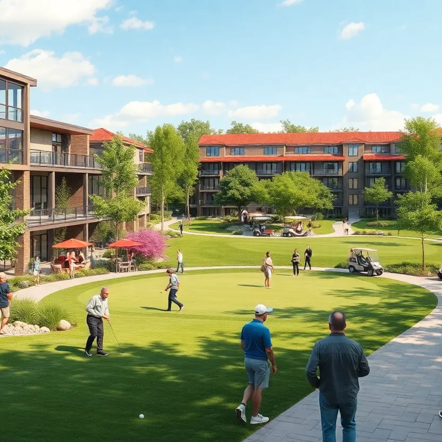 Revitalized World Golf Village with golfers and leisure activities