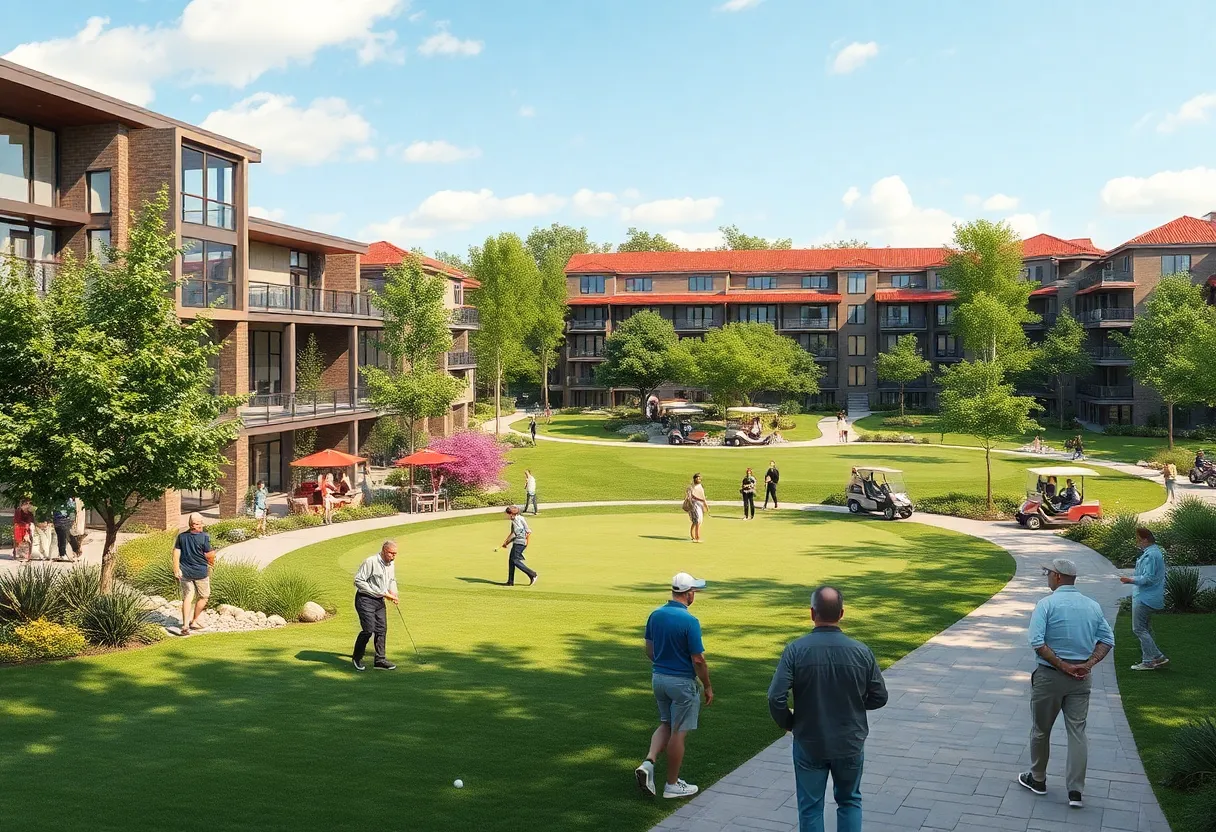 Revitalized World Golf Village with golfers and leisure activities