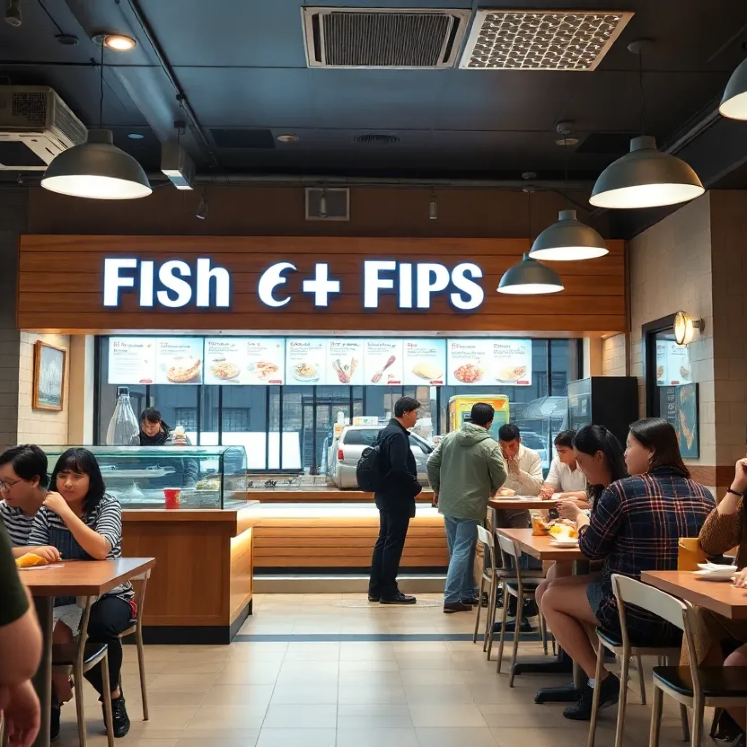 Interior view of Arthur Treacher's Fish & Chips restaurant with customers dining