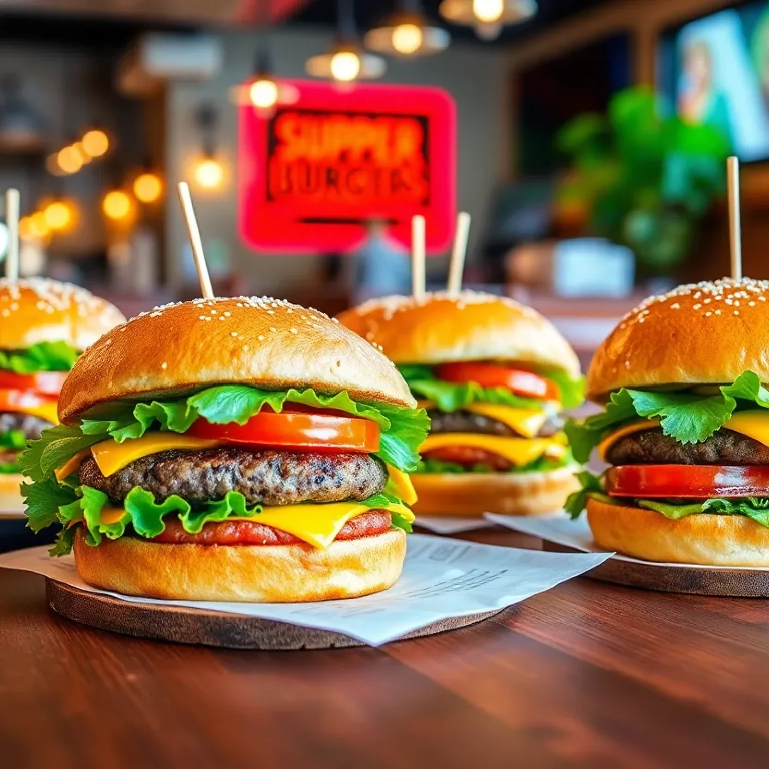 A variety of gourmet burgers presented on a table in a restaurant setting.
