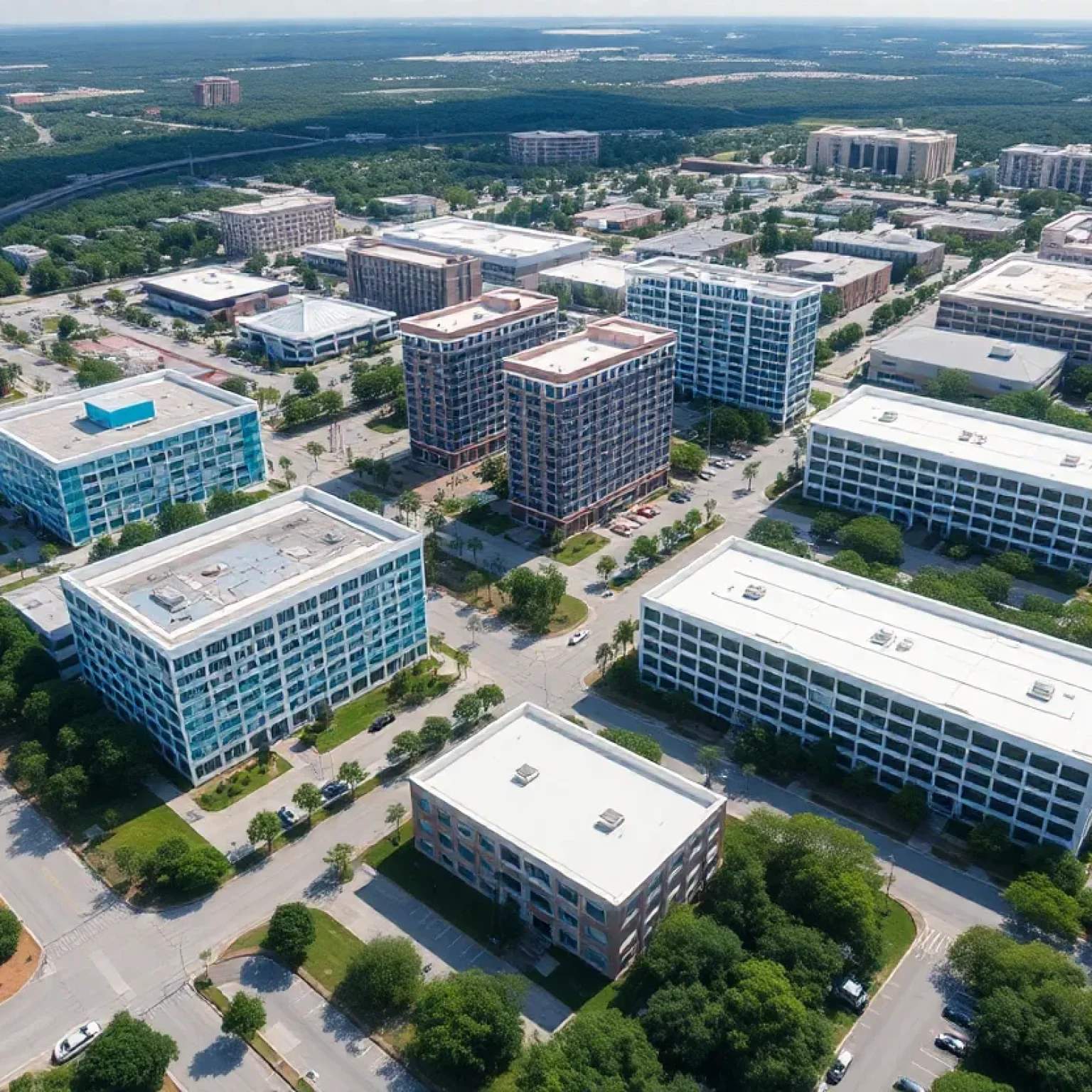 Aerial view of Butler Plaza in Jacksonville showing office buildings and landscape.