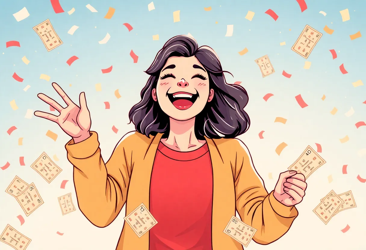 Woman celebrating lottery win with scratch-off tickets