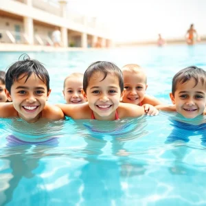 Children enjoying a swim lesson focused on safety at a community pool