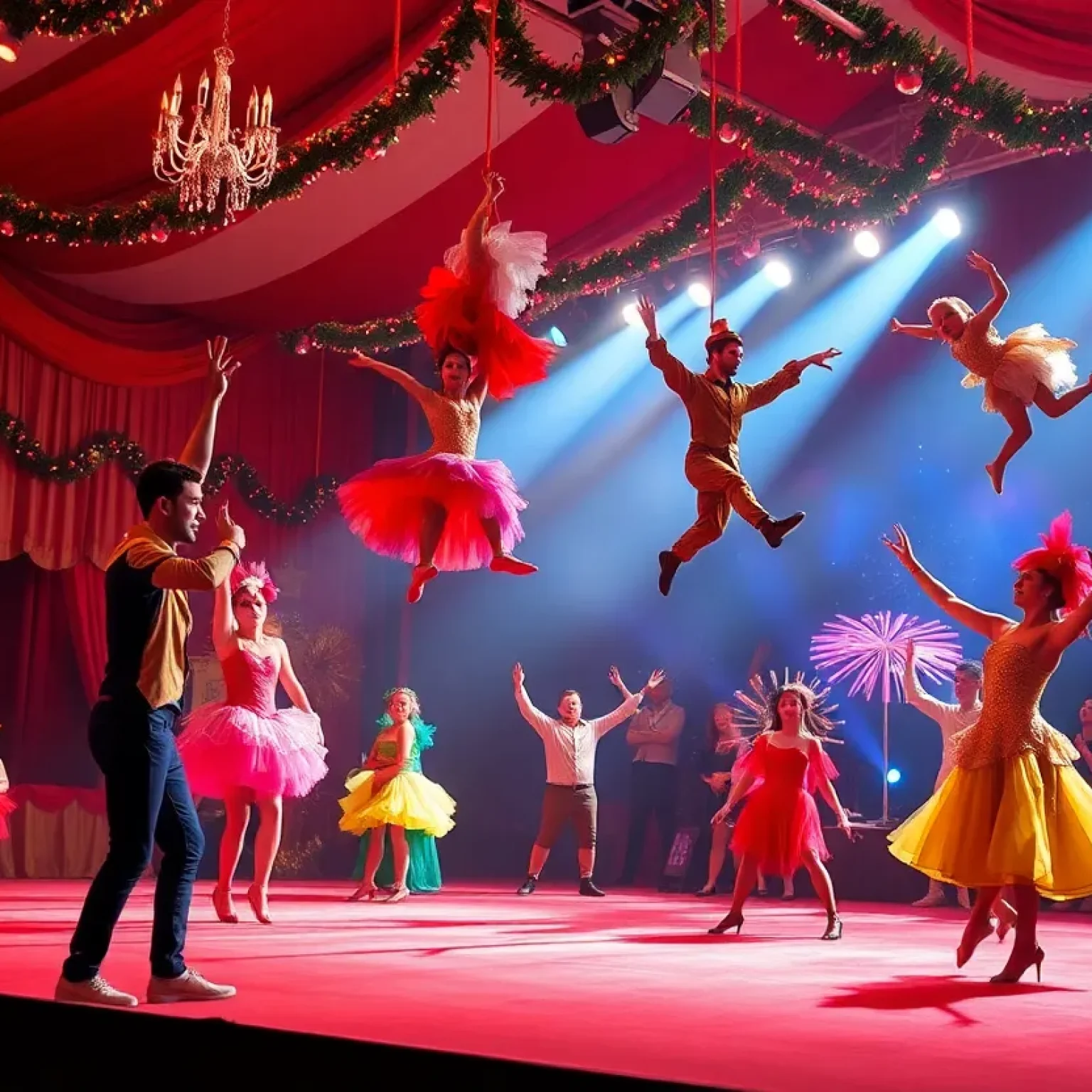 A vibrant scene from the Cirque Dreams Holidaze show with artists performing in holiday costumes
