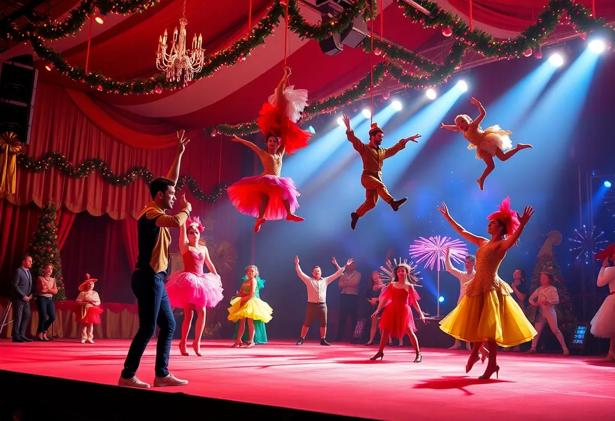 A vibrant scene from the Cirque Dreams Holidaze show with artists performing in holiday costumes