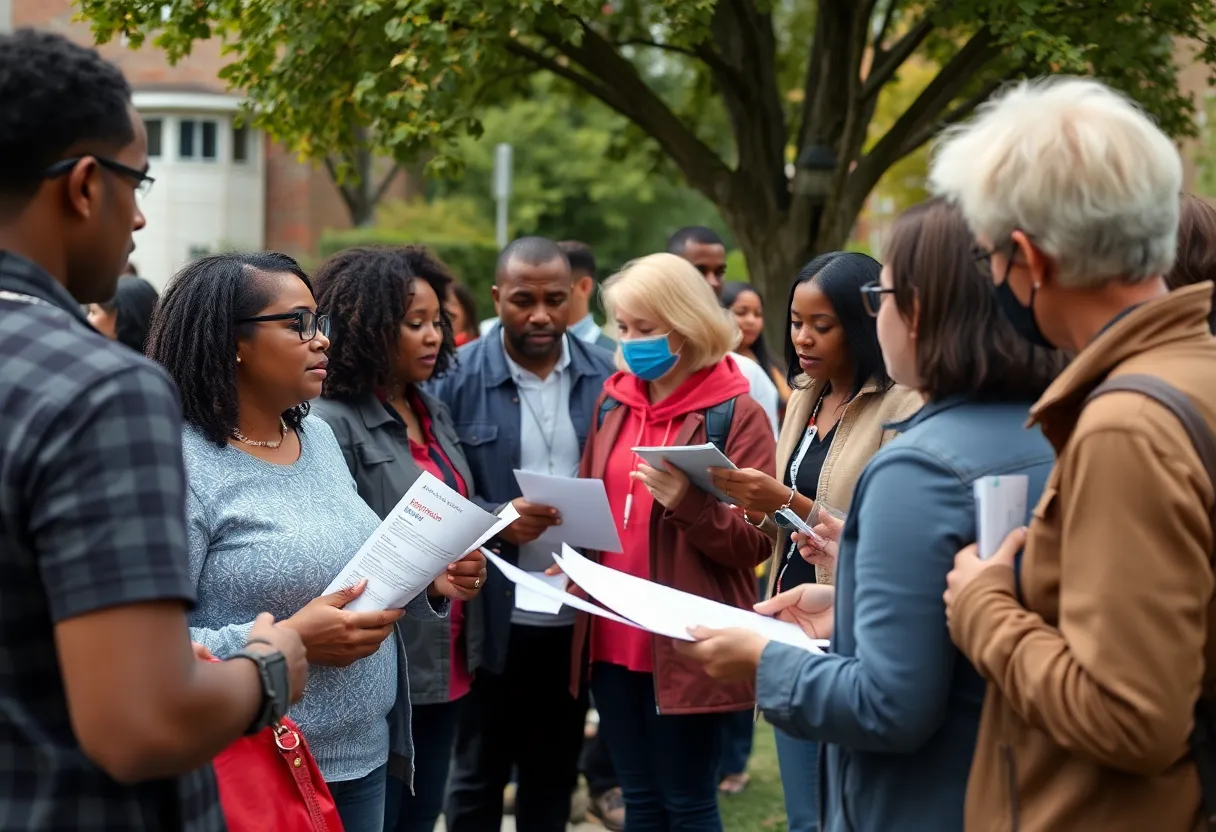 Community members engaging in outreach for information on a murder case.