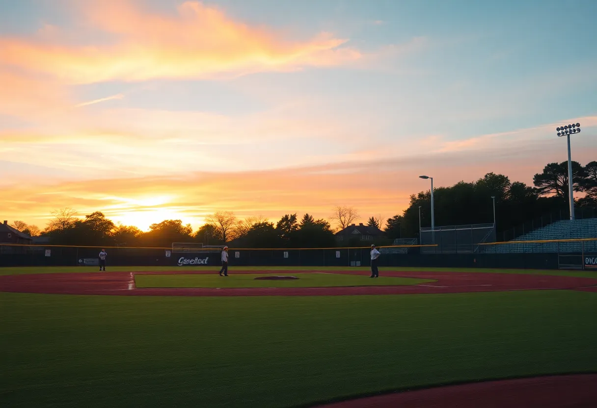 A peaceful baseball field at sunset, representing remembrance.