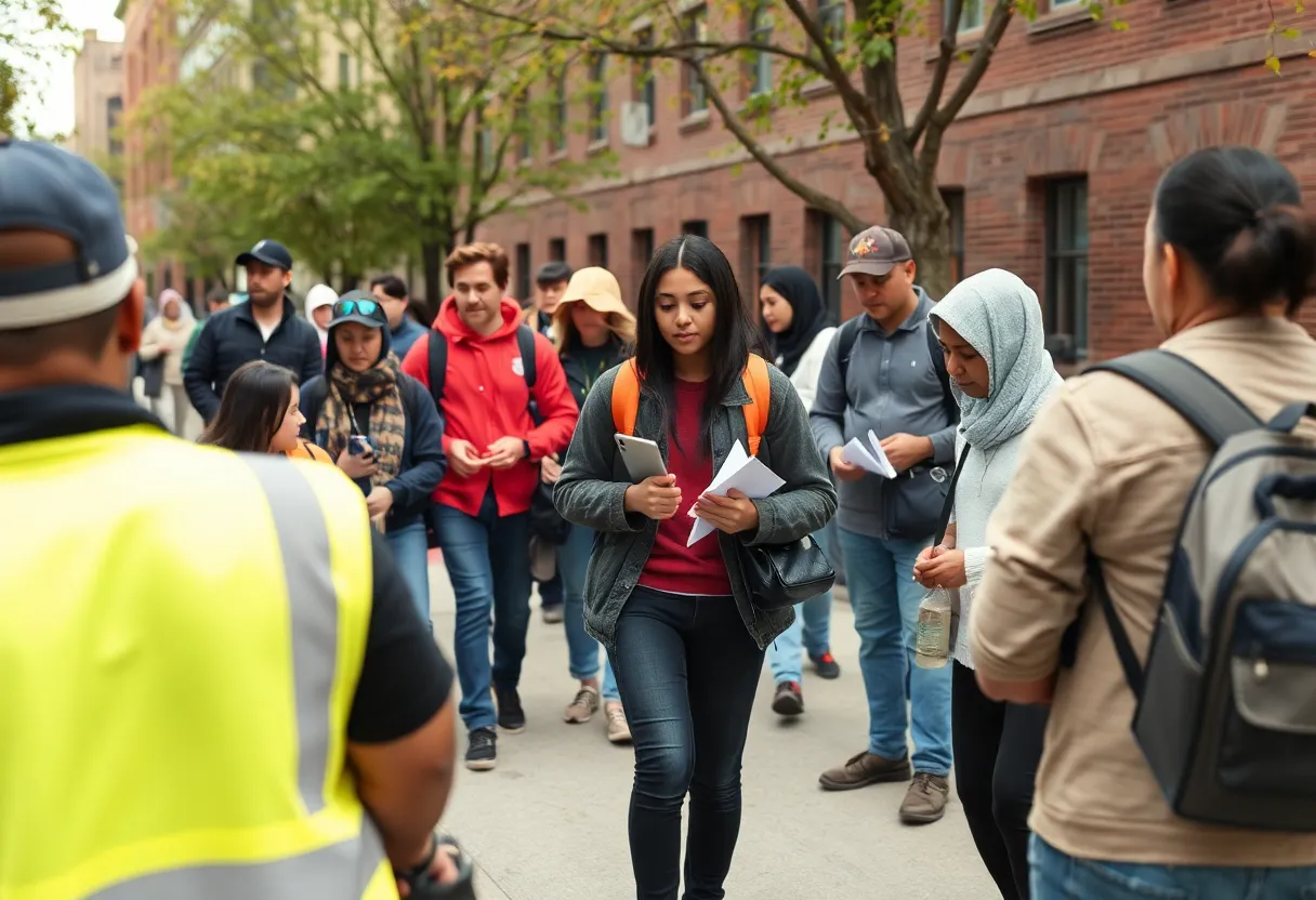 Group of people searching in a neighborhood for a missing teen