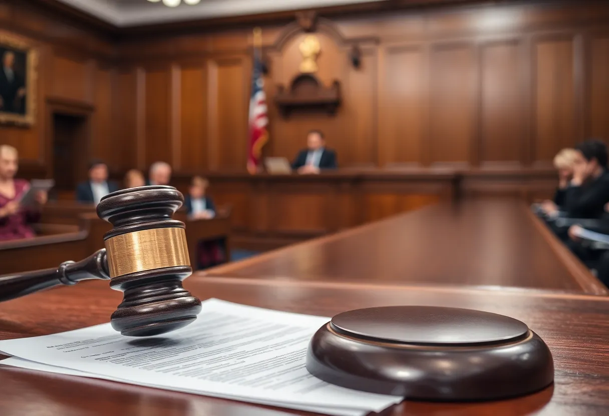 A gavel on a legal document in a courtroom setting