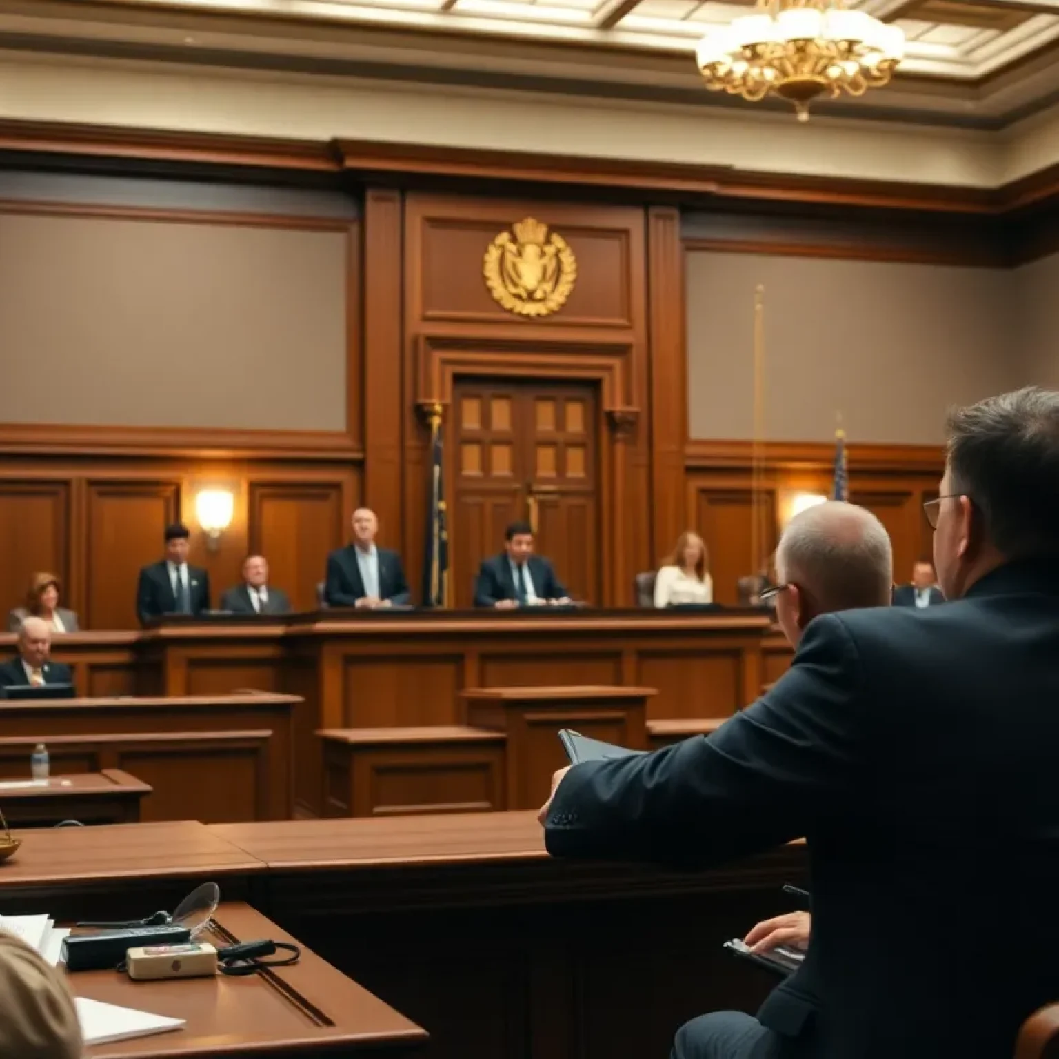 Courtroom scene depicting justice being served
