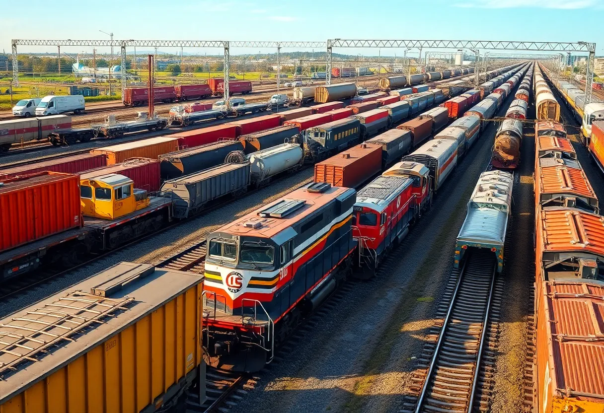 Freight trains in a busy CSX railroad yard